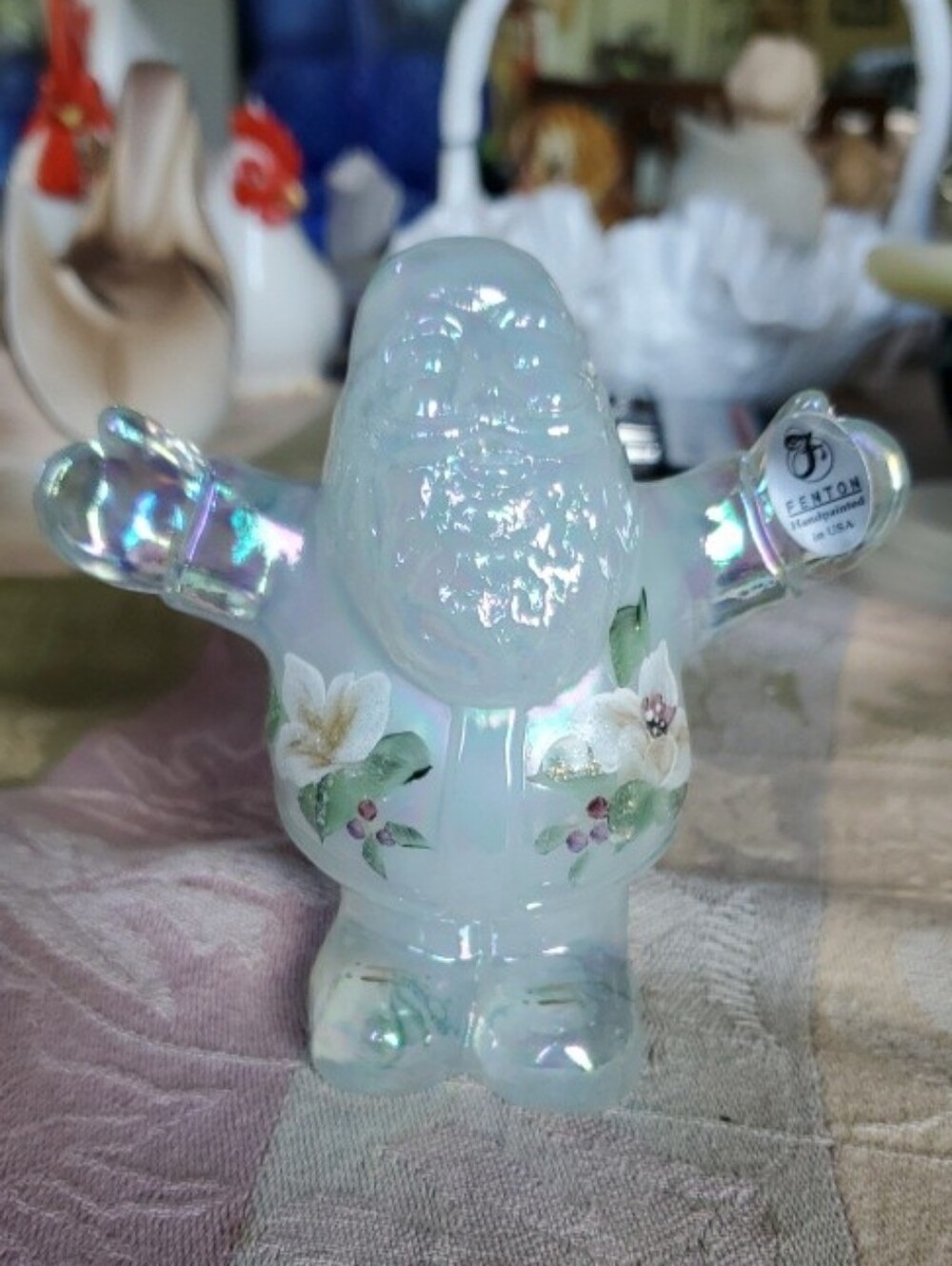 Fenton Opalescent Glass Hugging Santa Hand Painted
